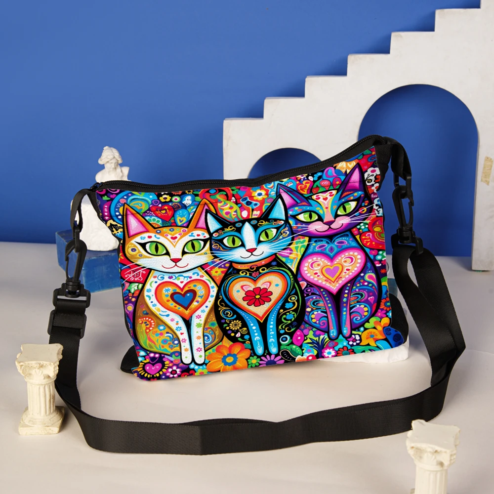 1pc Colorful Cat Art Crossbody Bag Multicolor Cats With Hearts And Flowers Pattern Shoulder Bags For Women Casual Daily Use