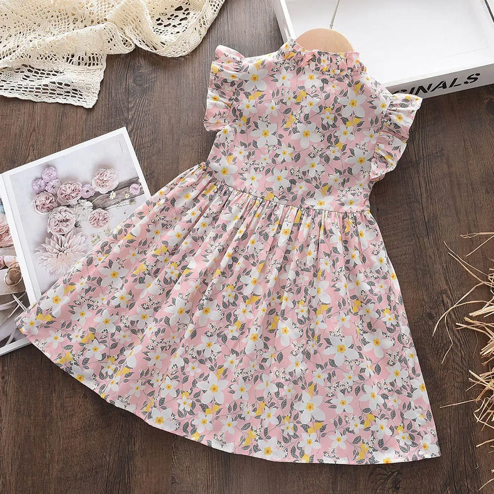 Summer New Baby Girls Flower Dresses Fahion Style Flying Sleeves Floral Dress 2-6 Years Kids Casual Clothes Outfits