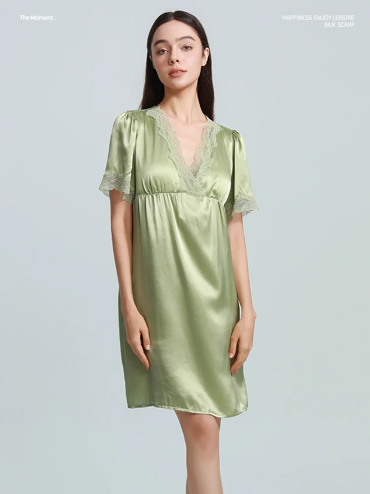 High Quality Real Silk Nightdress 100% Pajamas Women's Short Sleeve Loose Home Wear with Chest Pad Sexy Green