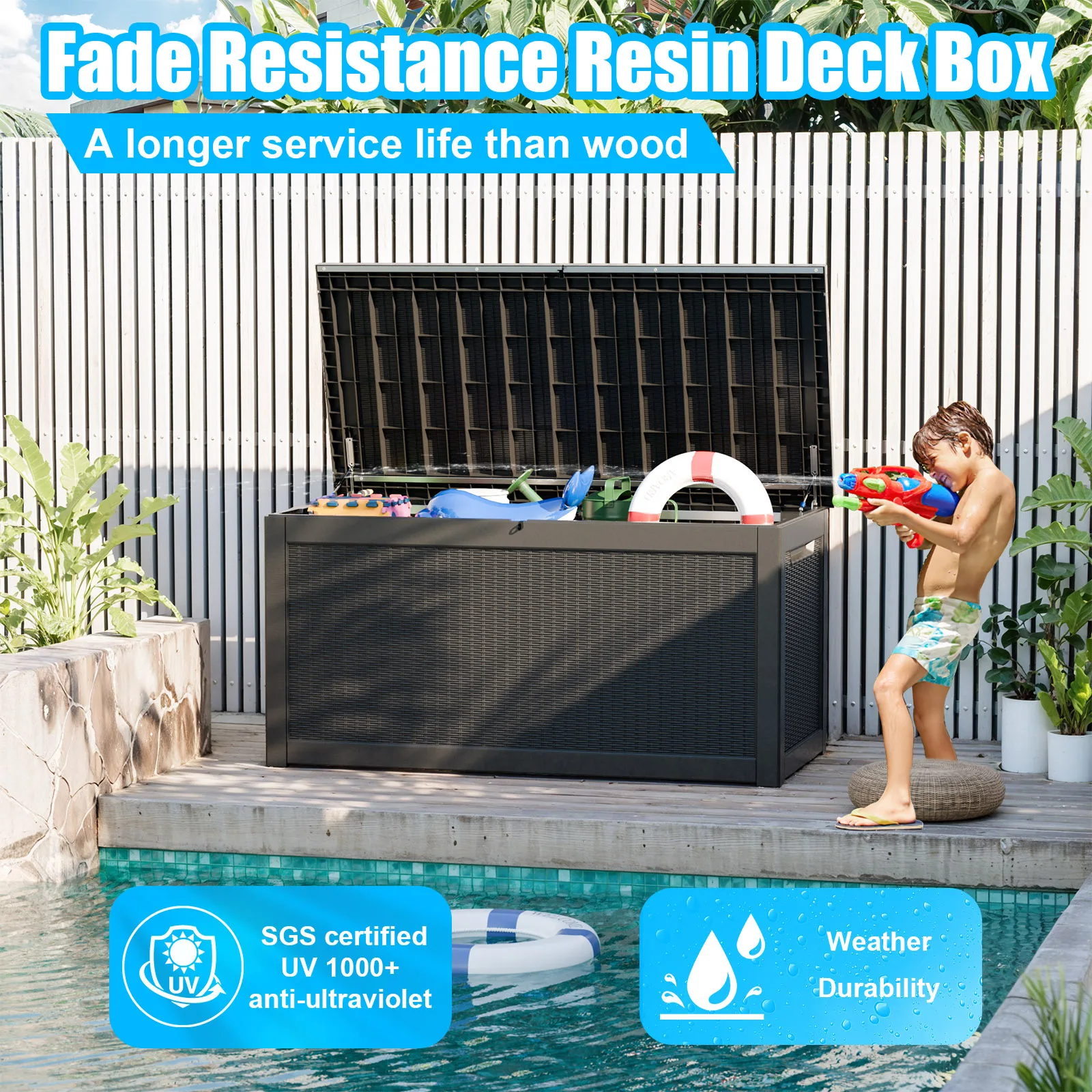 260 Gallon Deck Box, Waterproof Resin Large Outdoor Storgae Box for Patio Furniture, Patio Cushions, Gardening Tools, Pool and S