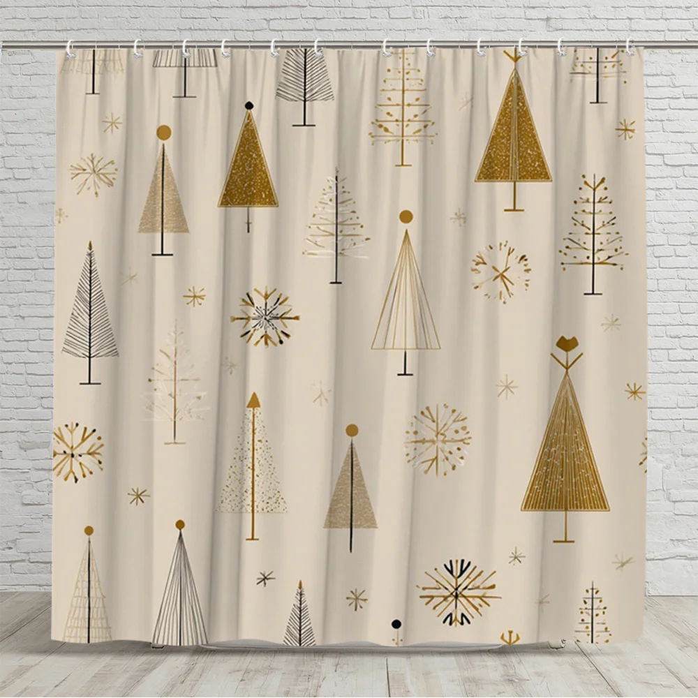 1pc Christmas Shower Curtain Elegant Golden and Black Christmas Tree Pattern Bathroom Decor with Snowflakes Bath Divider Curtain