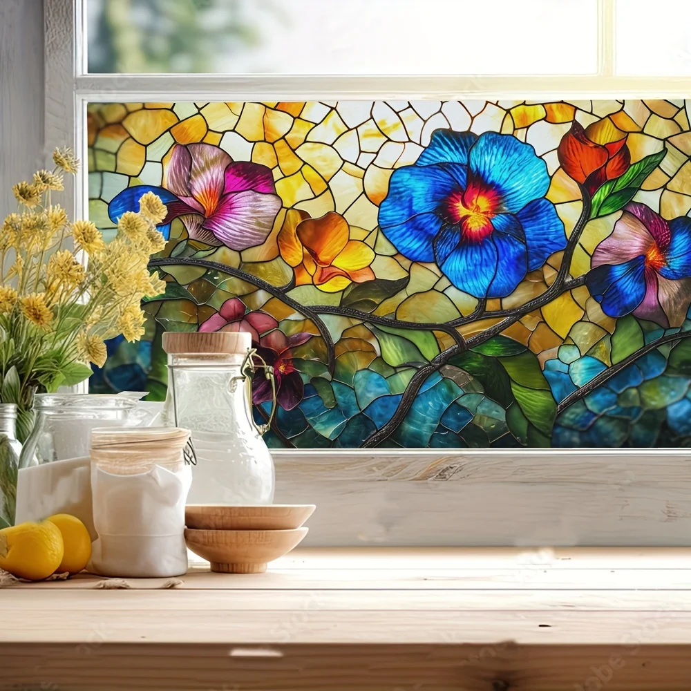 90x45CM Flower Window Electrostatic Stickers Non-Adhesive Window Vinyl Decals Decoration for Home Bathroom Bedroom Privacy Film