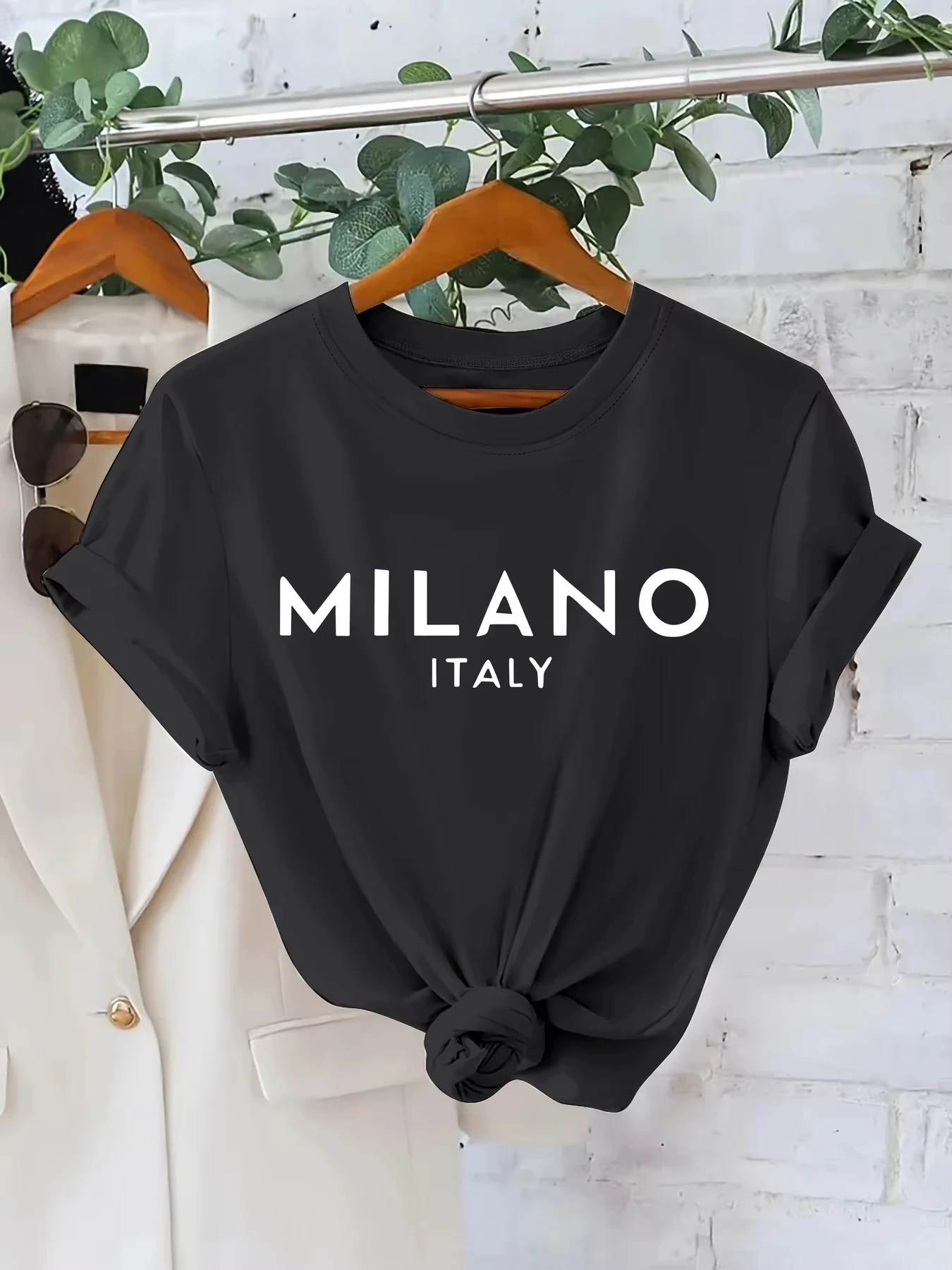 Women's Casual Pure Cotton T‑Shirt Milano Italy Letter Print Crew Neck Short Sleeve Knit Top For All Seasons Daily Street Wear