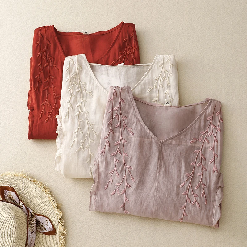 Loose Fit Cotton Linen ort Sve T-irt Women's V Ne irt Embroidered Wooden Ear Summer Thin Sle Versatile Pure Color