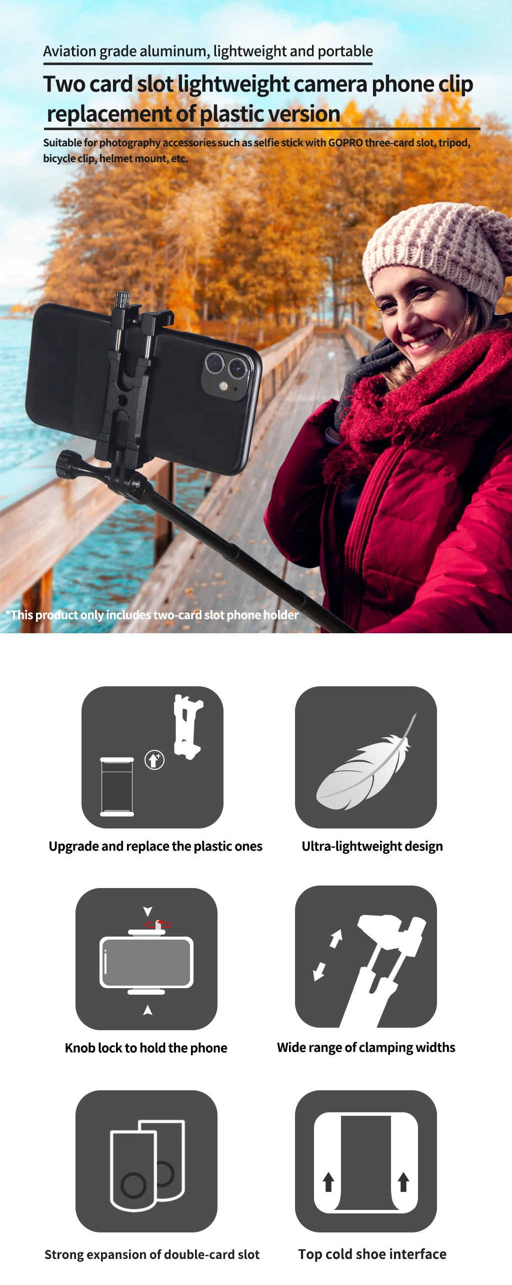 BGNing Handy-Clip-Monitorhalterung aus Aluminiumlegierung mit 1/4-Zoll-Arri-Positionierungsloch, Schnellverschluss für 62–87 mm große Smartphones – Detail 12