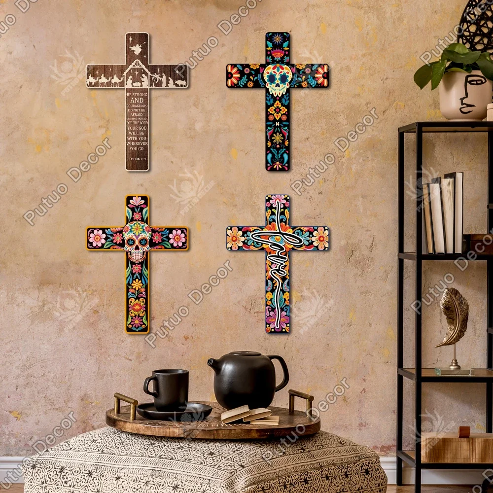 Putuo Decor Mexican Crucifix Wood Wall Decoration - 15.9 X 11.8 Inches, Day of Death Cross Decor for Room