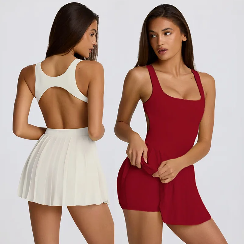 High Waist Tennis Dress with Shorts Pocket Women Pleated Sport Outfit Ladies Sleeveless Backless Gym Short Dress Yoga Skirt