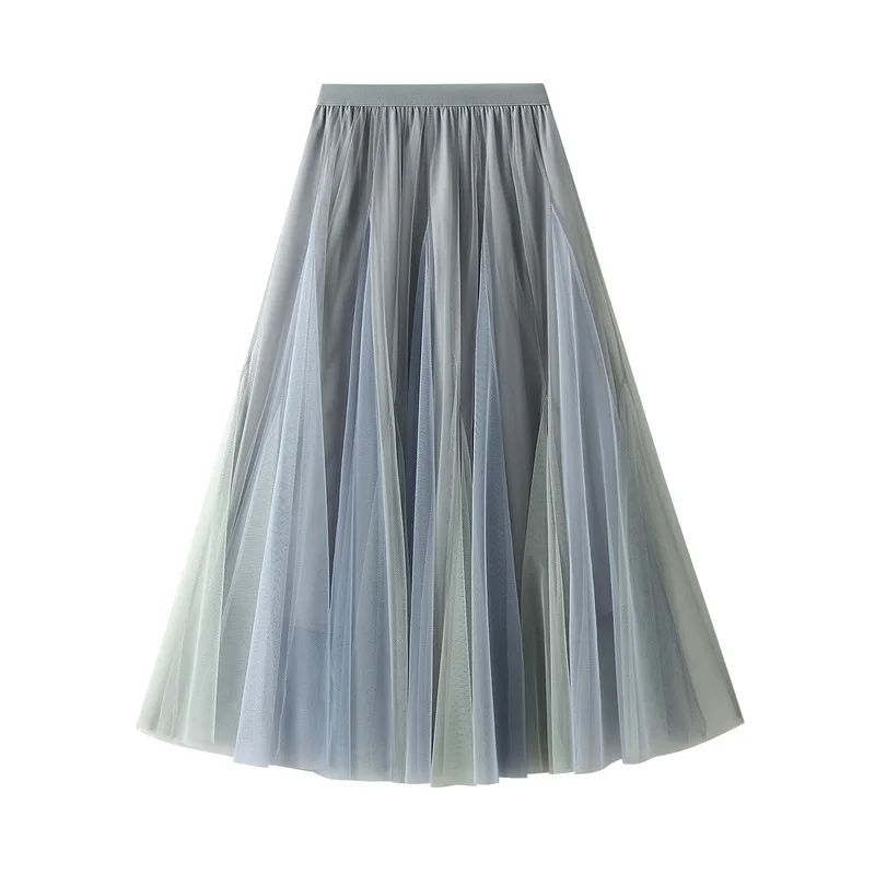 2024 Korean Patchwork Tulle Skirt Female Autumn Winter High Waist Mesh Pleated Skirts Casual Women's Beige Party Long Maxi Skirt