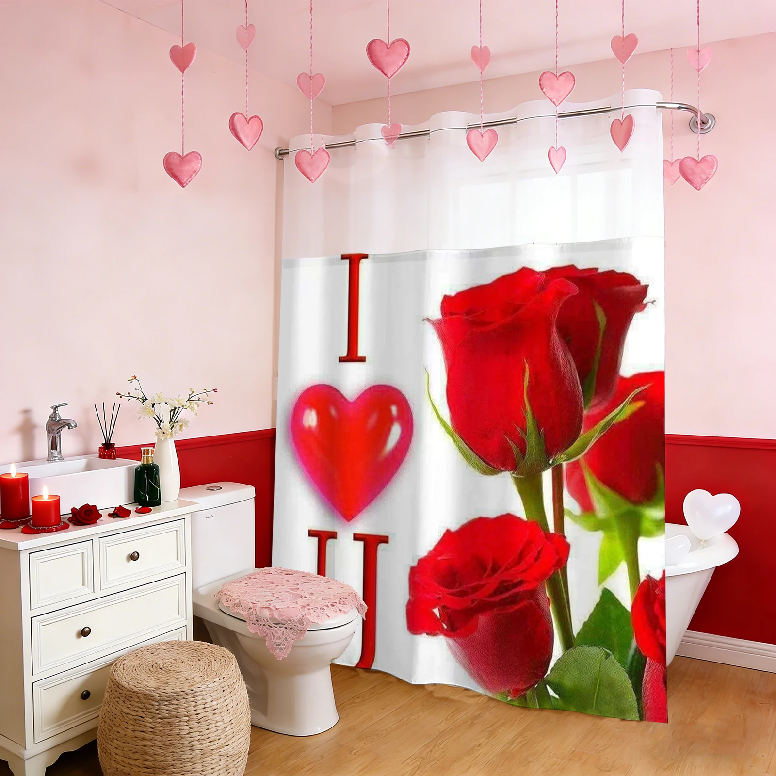 

Занавеска для душа без крючка на День святого Валентина с красным сердечком и тканевой подкладкой, прозрачное верхнее окно, двухслойная занавеска для ванны