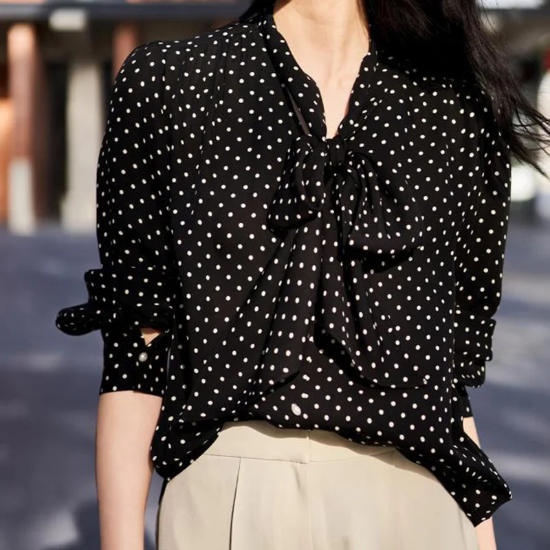 2024 New Summer Elegant Fashion Retro Korean Style Aesthetic Office Lady Women's Shirt Polka Dot BOW V Neck Short Sleeve Tops