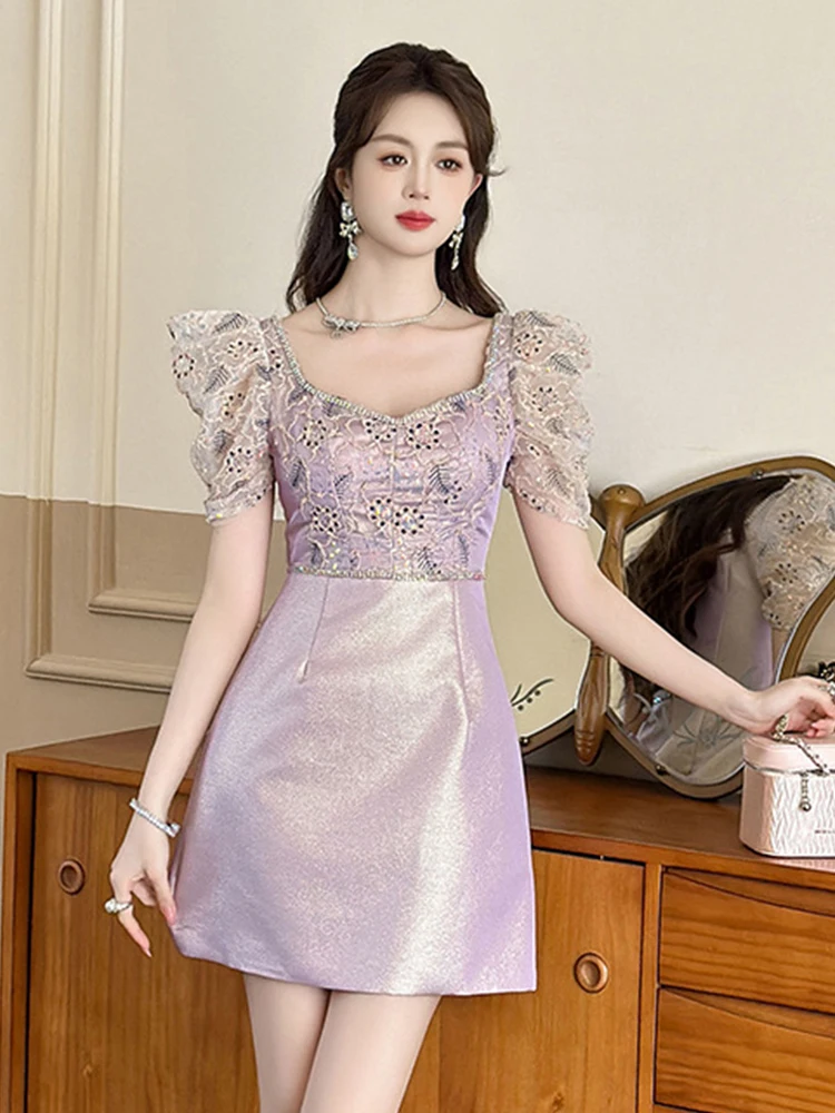 Elegant Luxury Purple Glitter Birthday Dress Women Sweet Retro Puff Sleeve Slim Short Party Club Vestidos Fiesta Street Clothes