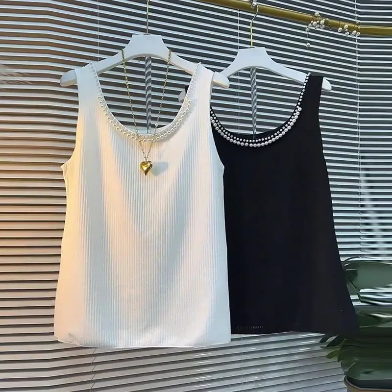 

Ice Silk Knitted Vest for Women Spring Summer New Heavy Industry Beads Versatile Slim and Elastic Bottoming Sleeveless Top