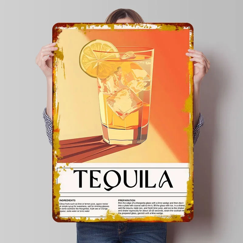 Tequila Cocktail Recipe Printed Poster Customized Wall Art Retro Vintage Metal Tin Signs for Room Decoration At Home Decor Items