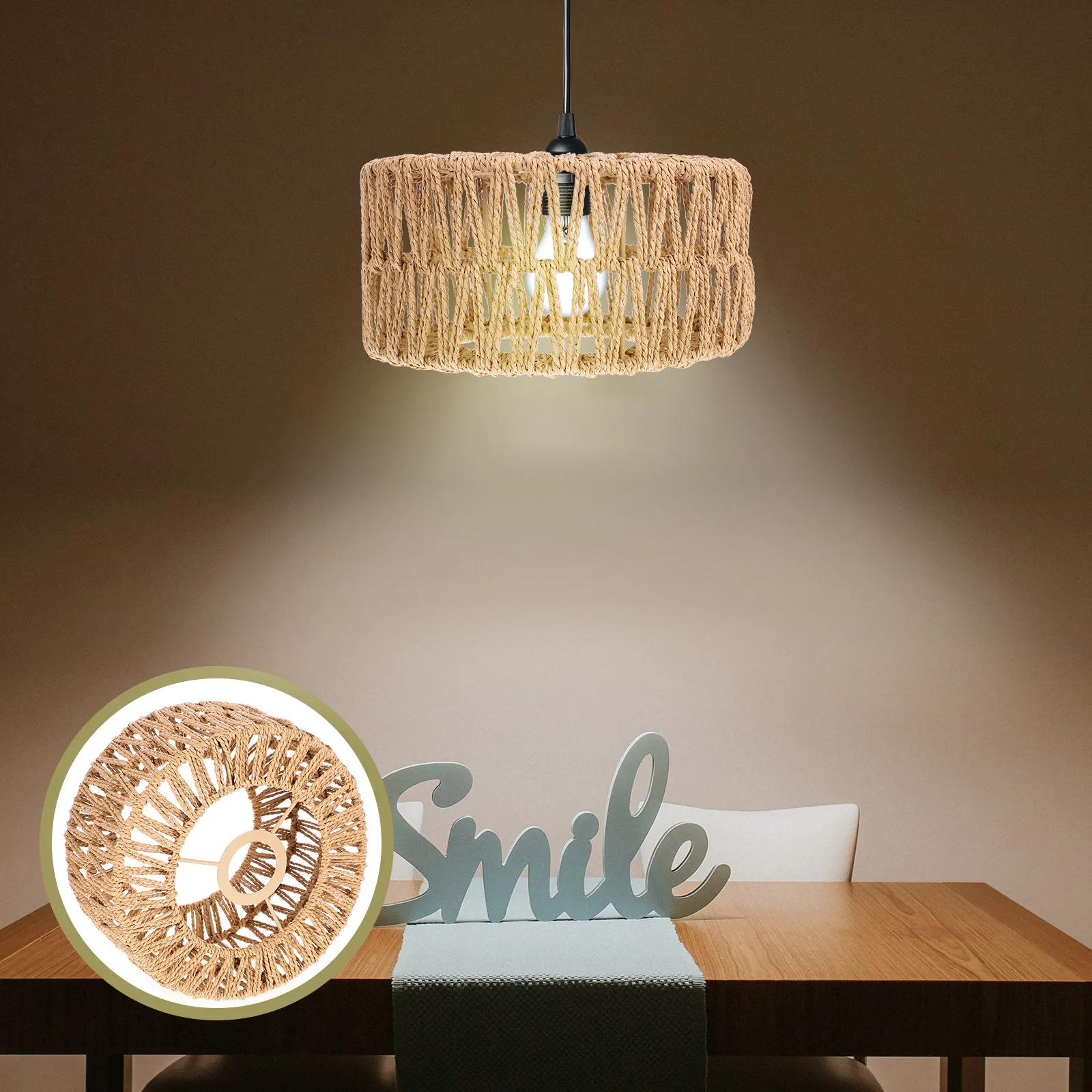 Straw Rope Lampshade Rustic Woven Small Ceiling Lamp Cover Replacement Pendant Lamp Indoor Light Cover for Home Hotel