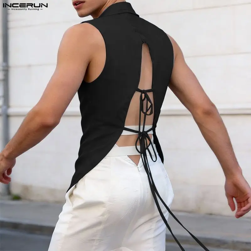 INCERUN Men's Tank Tops Solid Color Turtleneck Sleeveless Male Vests Backless Hollow Out Lace Up Streetwear Tops Men Clothes