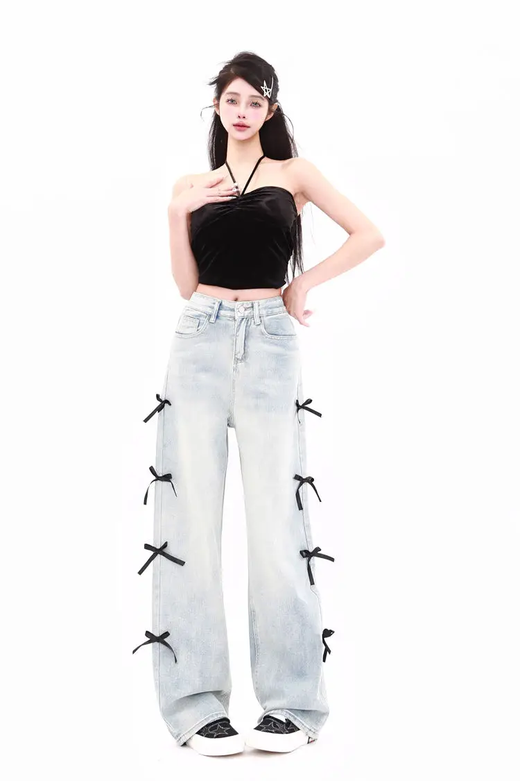 Jeans Bow Fashionable Women'S Blue Y2k Baggy Harajuku Oversize Denim Trousers Vintage Jean Pants Japanese Style Summer Trousers