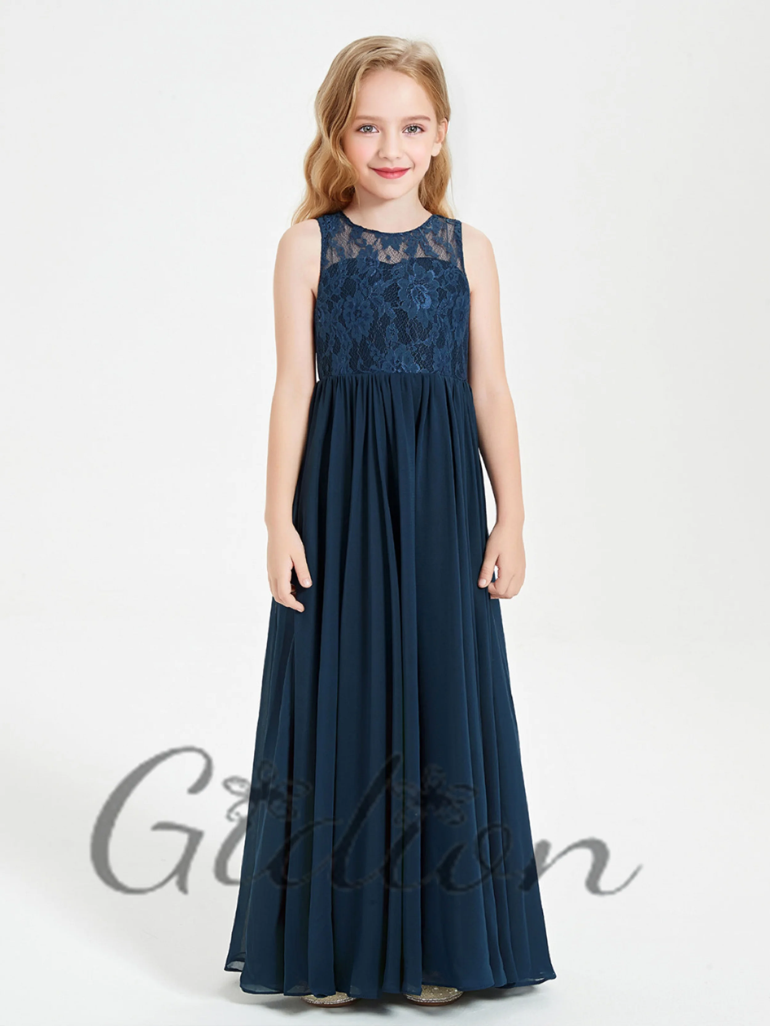 Illusion Lace Top Chiffon Kids First Communion Wedding Birthday Evening Party Ceremony Ball-Gown Pageant Junior Bridesmaid Dress