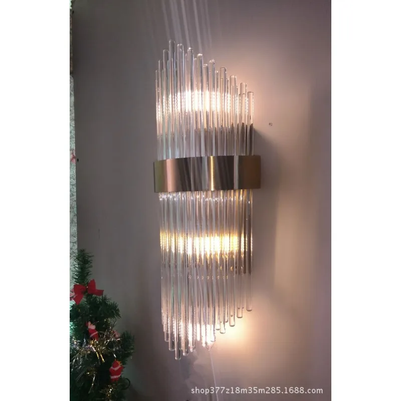 

Postmodern minimalist stainless steel glass rod wall lamp Bedroom bedside hotel aisle Living room background wall Double head wa