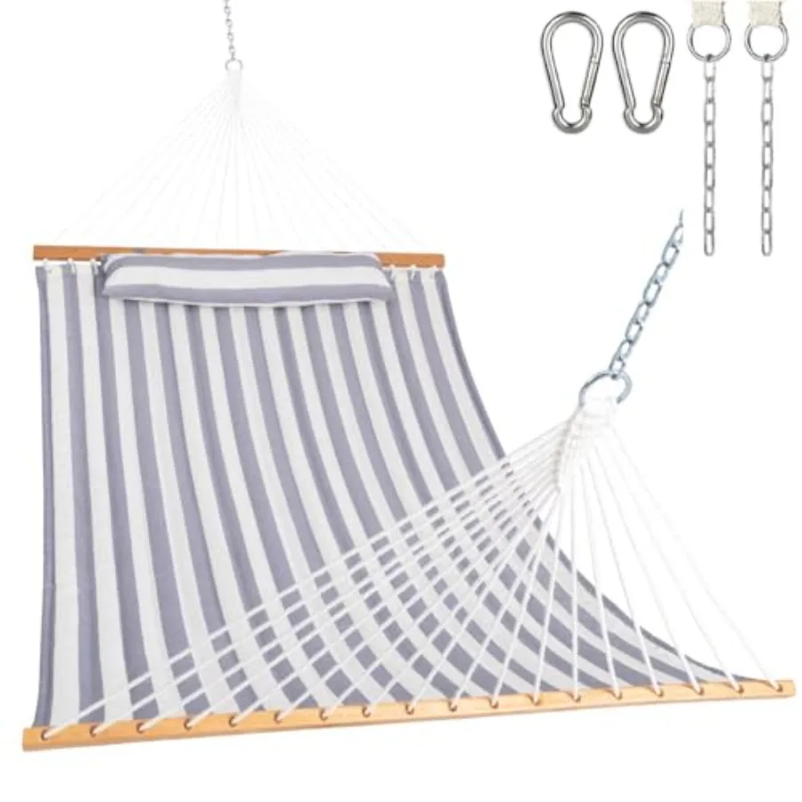 

Outdoor 12FT quilted fabric double hammock with spreader bars and detachable pillow, gray-white, 2-person, 450 lbs capacity