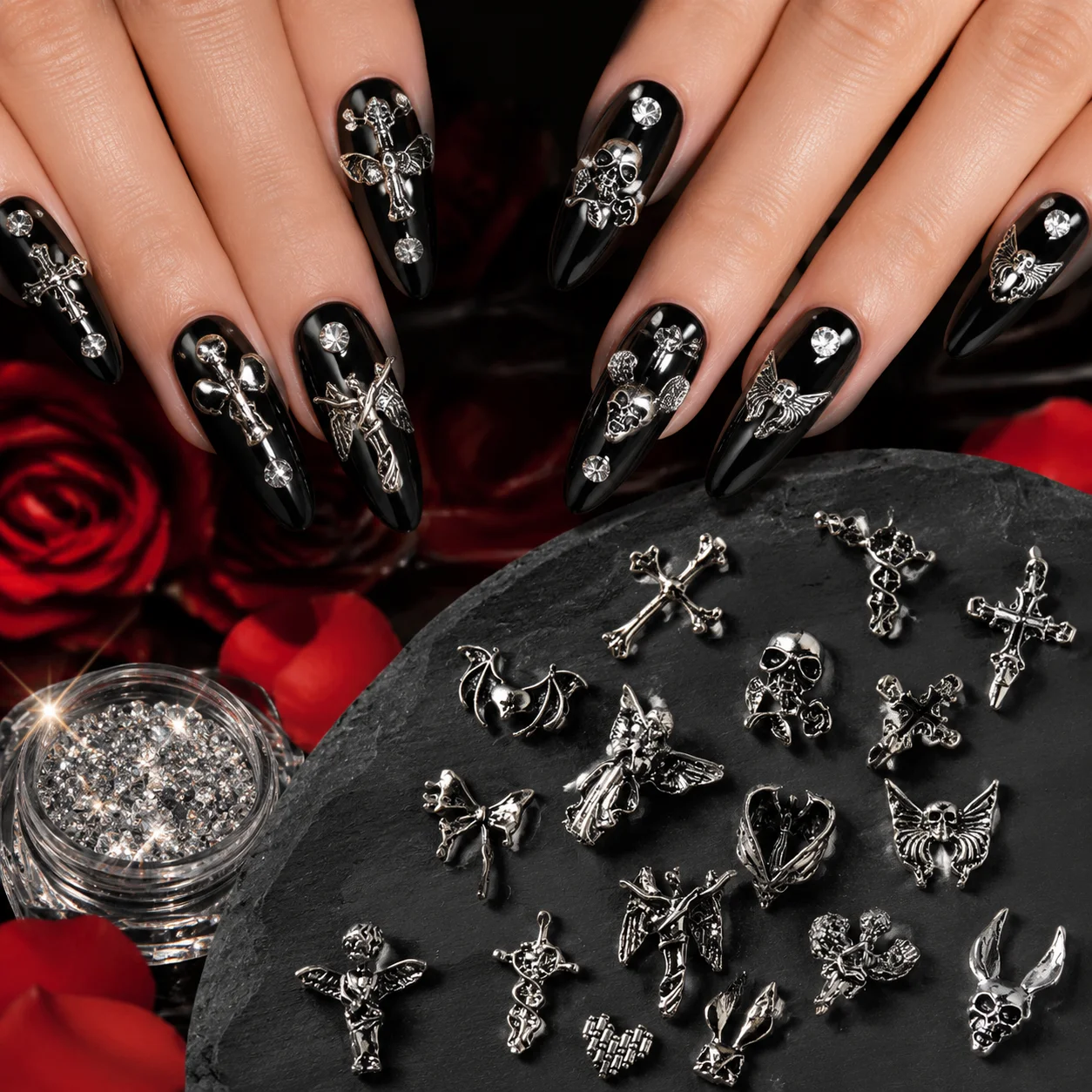 30pcs Retro Gothic Punk Style Nail Art Charms Antique Silver Alloy Jesus Catholic Cross Accessories Devil Angel Nail Decorations