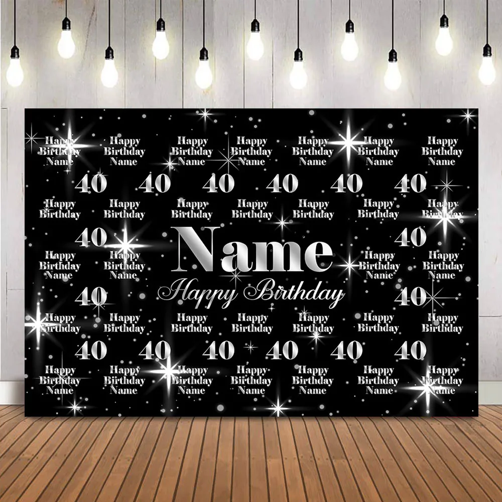 Sliver Birthday Background Happy Birthday 40th Theme Party Backdrop Decoration Black and Sliver Glitter Shining Dots Banner