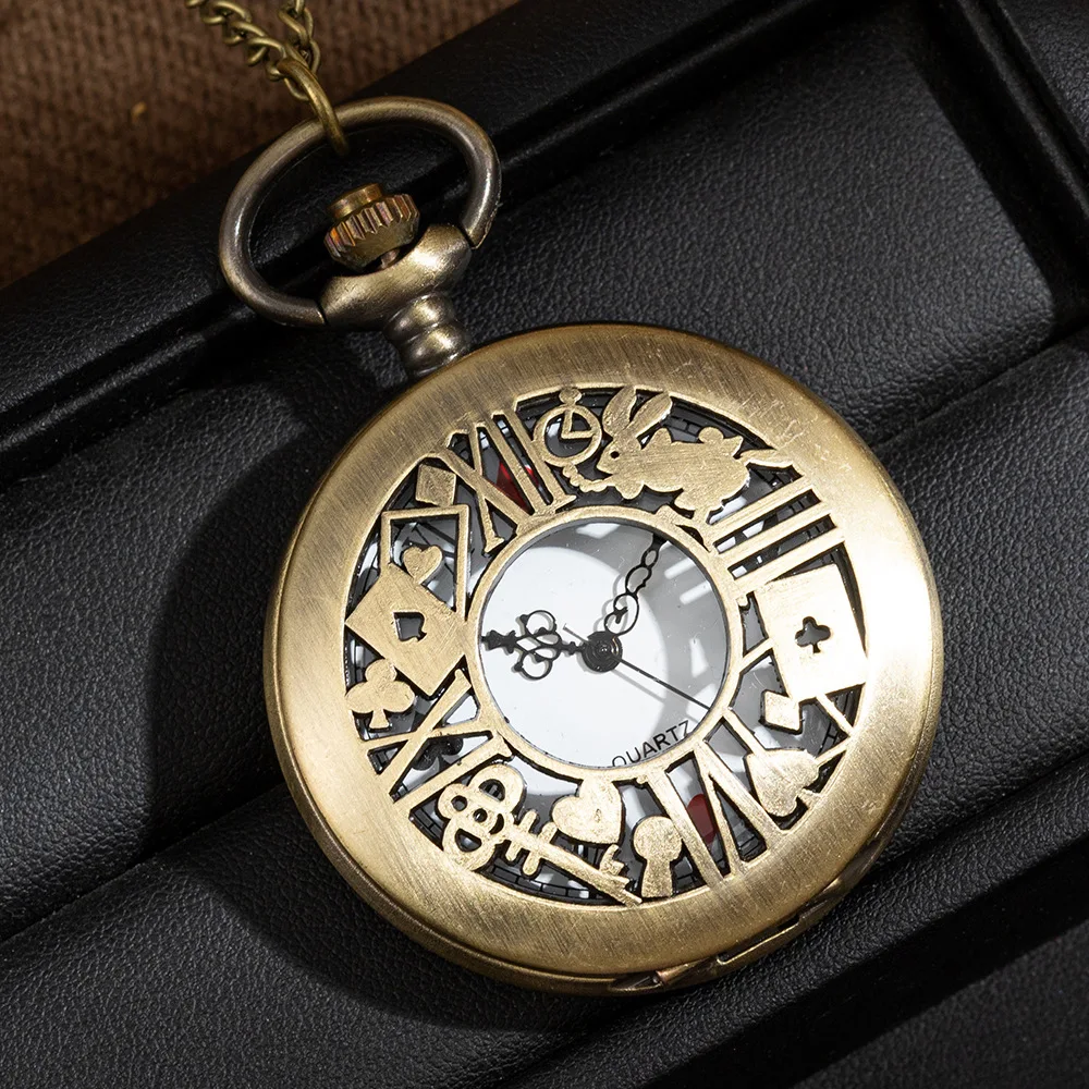 New Bronze Quartz Pocket Watch Retro Alice Theme Pocket Fob Watch Pendant Necklace Pocket Watch Men Womens Gift