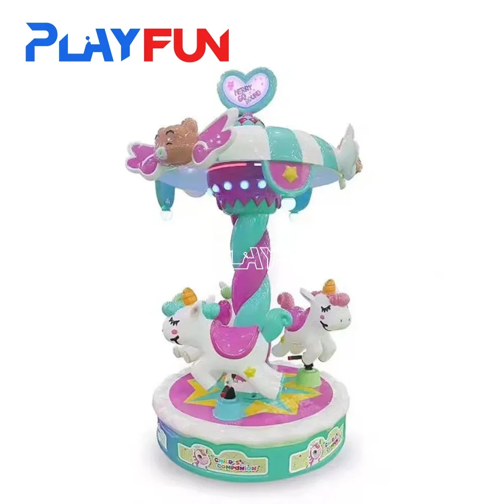 PlayFun  Indoor Coin Operated Mini Electric 3 Seats rotating Small merry go round amusement park Carousel rides for  kids