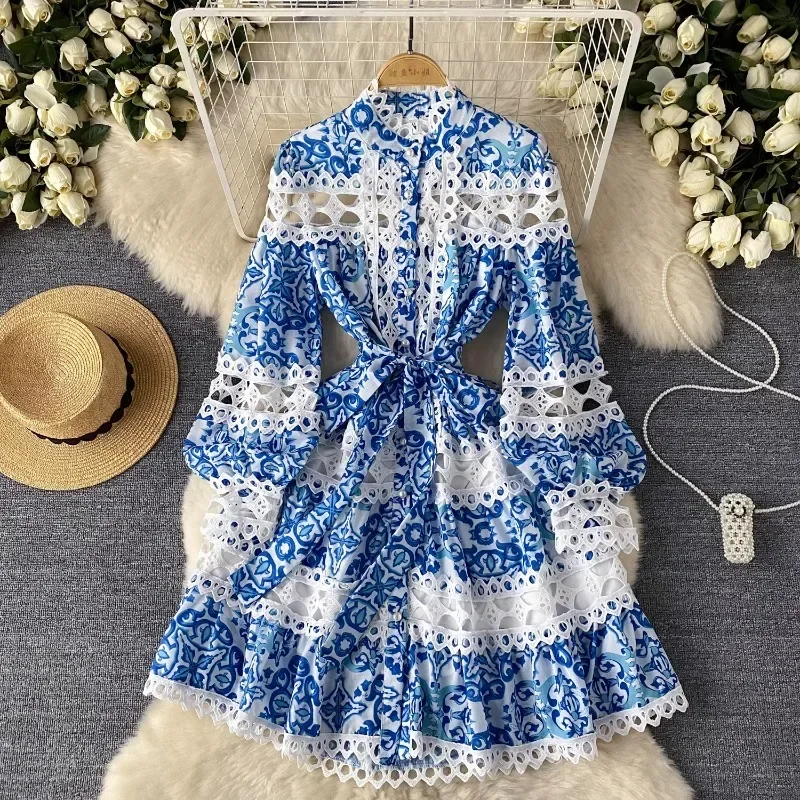 

Skinny Hollow Out Full Lantern Sleeve Floral Print Dresses Summer Women's Dress Lace Stand Collar Lace up High Waist Mini Dress