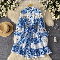 Skinny Hollow Out Full Lantern Sleeve Floral Print Dresses Summer Women's Dress Lace Stand Collar Lace up High Waist Mini Dress