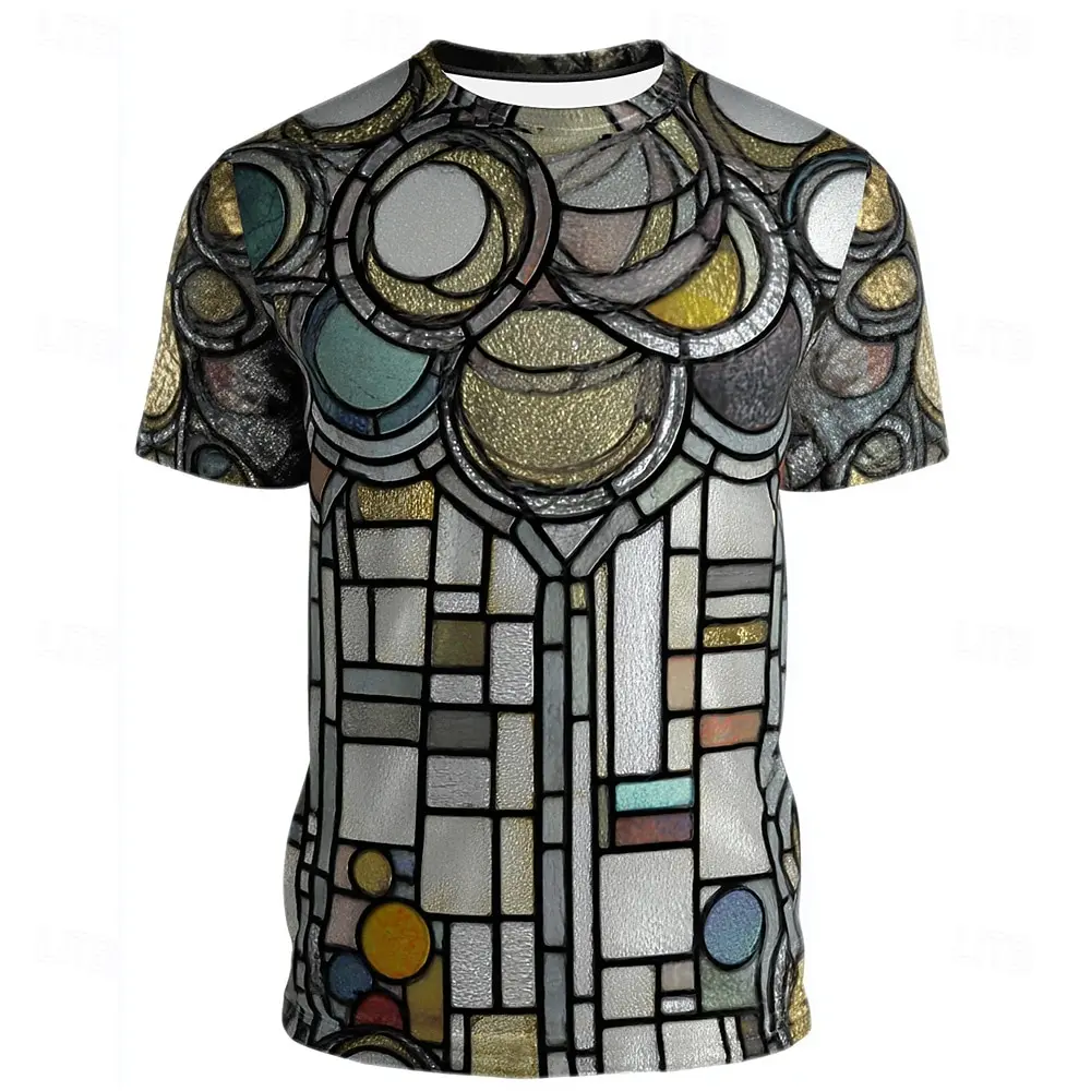 Men Mosaic Tile Vintage Geometric 3D Print Crew Neck Short Sleeve T-Shirt