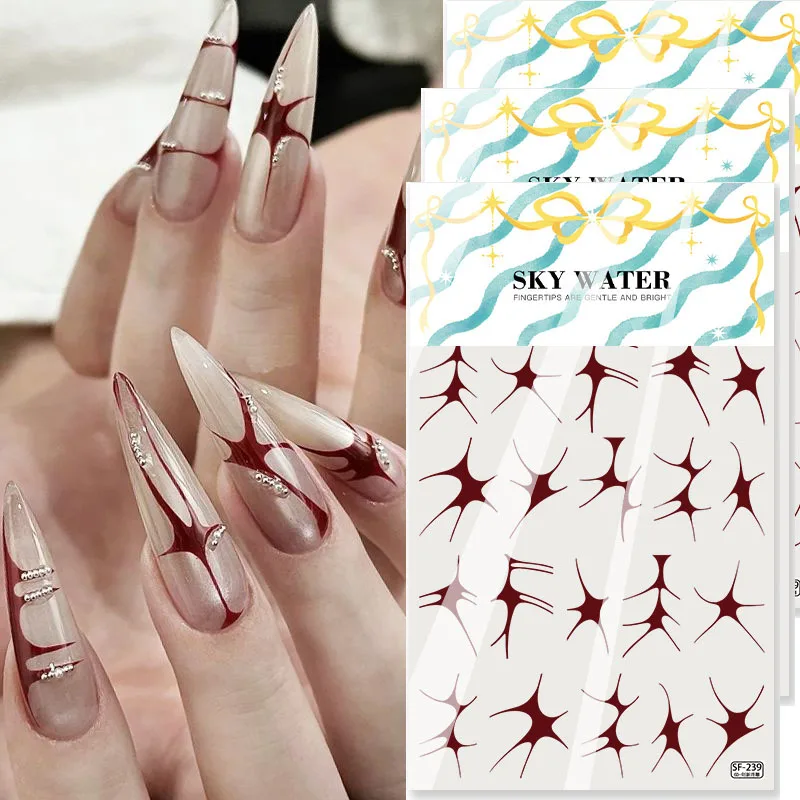 Adesivo per nail art 5D curvo francese irregolare Linee di arco di fuoco Frammentato Stampaggio moderno Decorazione autoadesiva Decalcomanie per manicure