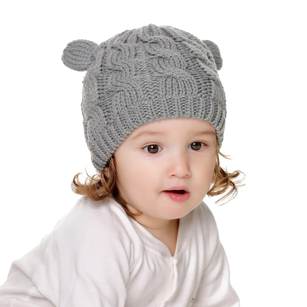 Anti-scratch Baby Hat and Mittens Set Kids Knitted Cotton Beanie Cap Winter Warm Cute Little Ear Shaped Hats for Boys and Girls