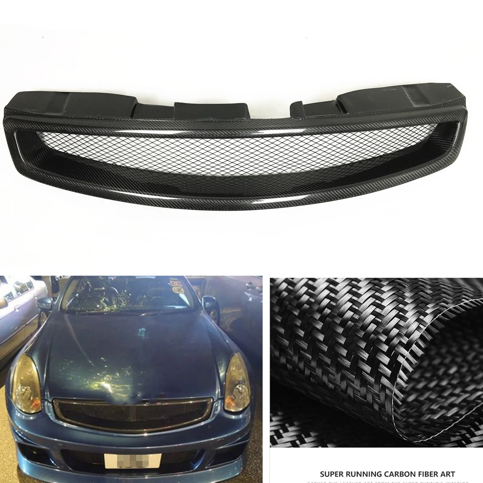 Carbon Fiber Car Front Grille Grill Honeycomb Style Upper Bumper Hood Mesh For Infiniti G35 2 Door 2003-2007