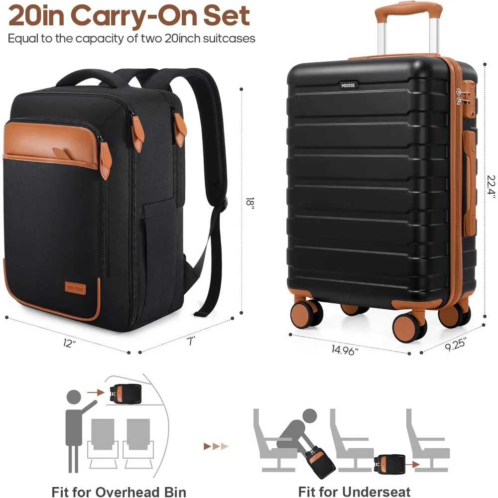 Men's & Women's 20 Inch Hardshell Luggage Set with Backpack, Airline Approved Carry-On 22x14x9 for Travel and Weekend Getaways