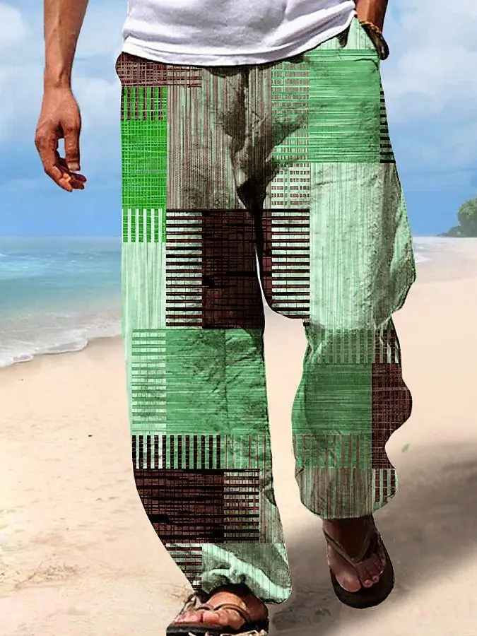 2024 Summer New Product Block Multi Color Splicing Printed Men\'s Straight Pants Loose Sports and Casual New Style