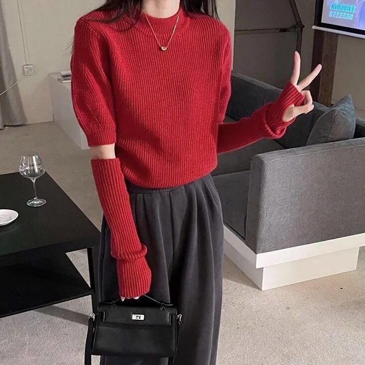 

Detachable Sleeve Knitted Sweater Women Pullovers Sport Winter Mockneck Patchwork Loose Silhouette Anti-Wrinkle Softy Warmth Ins