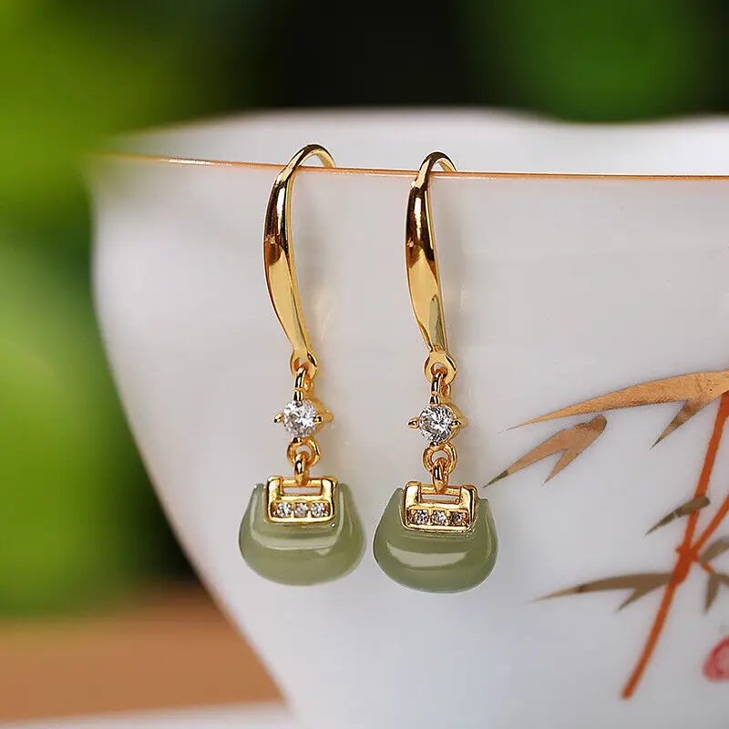 

Gold Over 925 Sterling Silver With Natural Jade Lock Dangle Earrings 1.14inch L