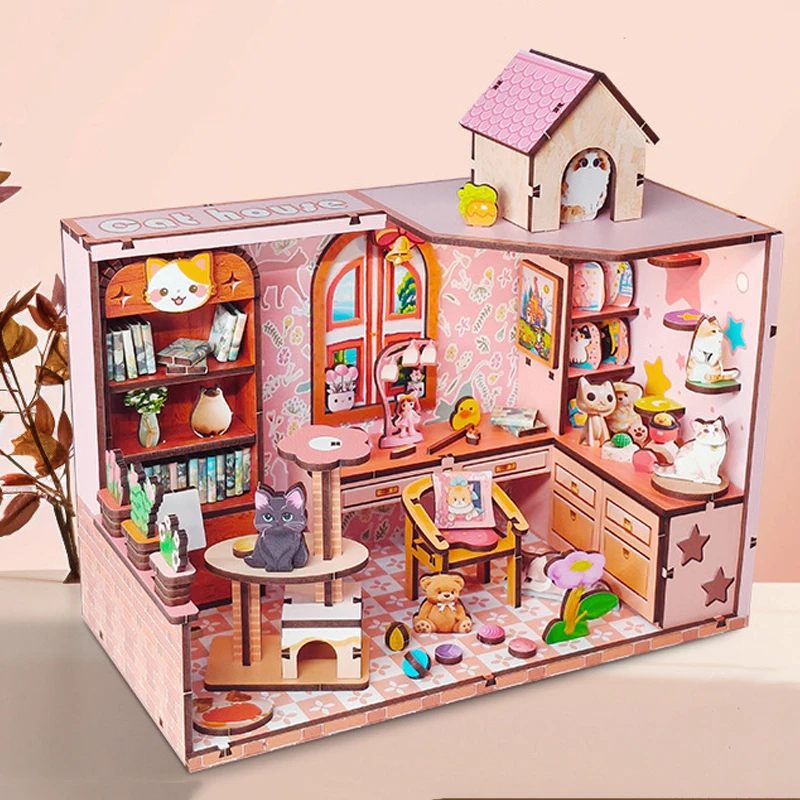 Diy kits de construção em miniatura de madeira casa de gato casas de boneca com móveis casas de bonecas para amigos presentes de aniversário
