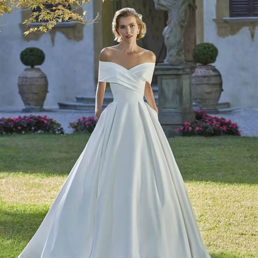 Customized Off The Shoulder Wedding Dress For Woman Bride  with Pocket A-Line Stylish Bridal Dress Vestidos Bridal Gown