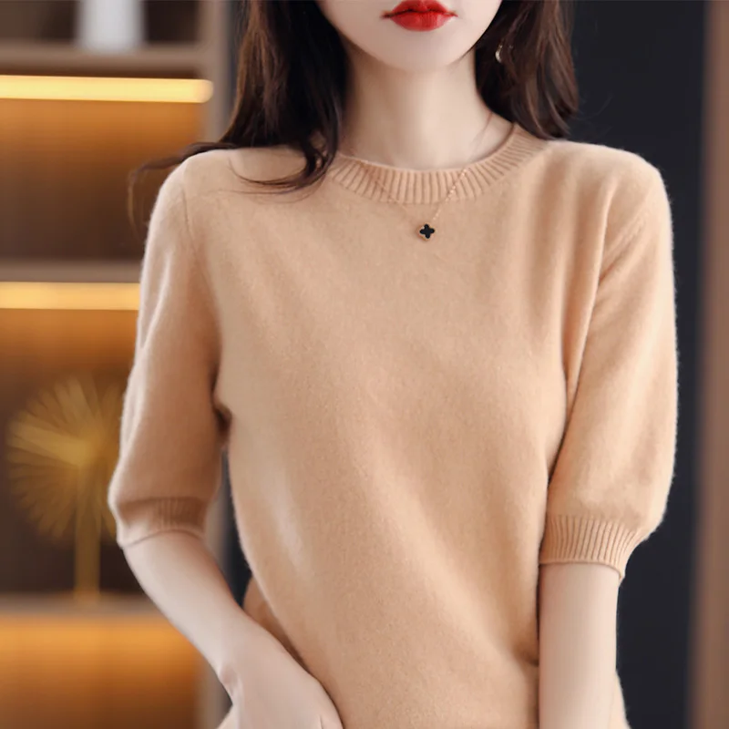 Summer  Women's O-neck Short-Sleeved Soft  Exquisite Cashmere Sweater Pullover Short-Sleeved Solid Color