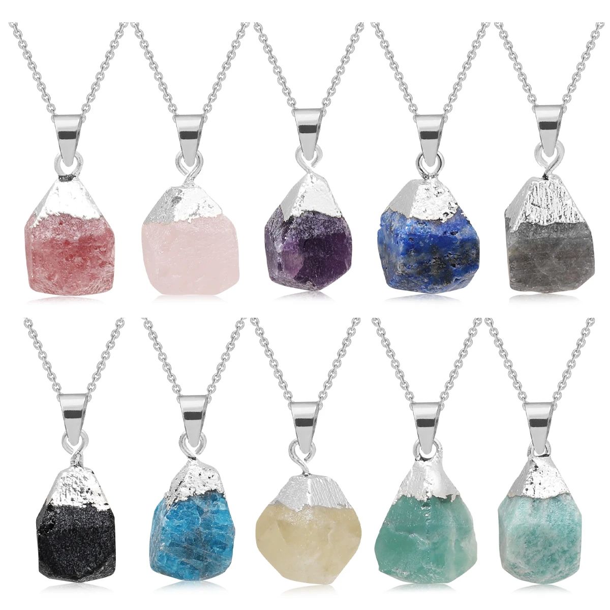 

Irregular Natural Stone Necklace Black Tourmaline Amethyst Crystal and Labradorite Stainless Steel Pendant Necklace for Women