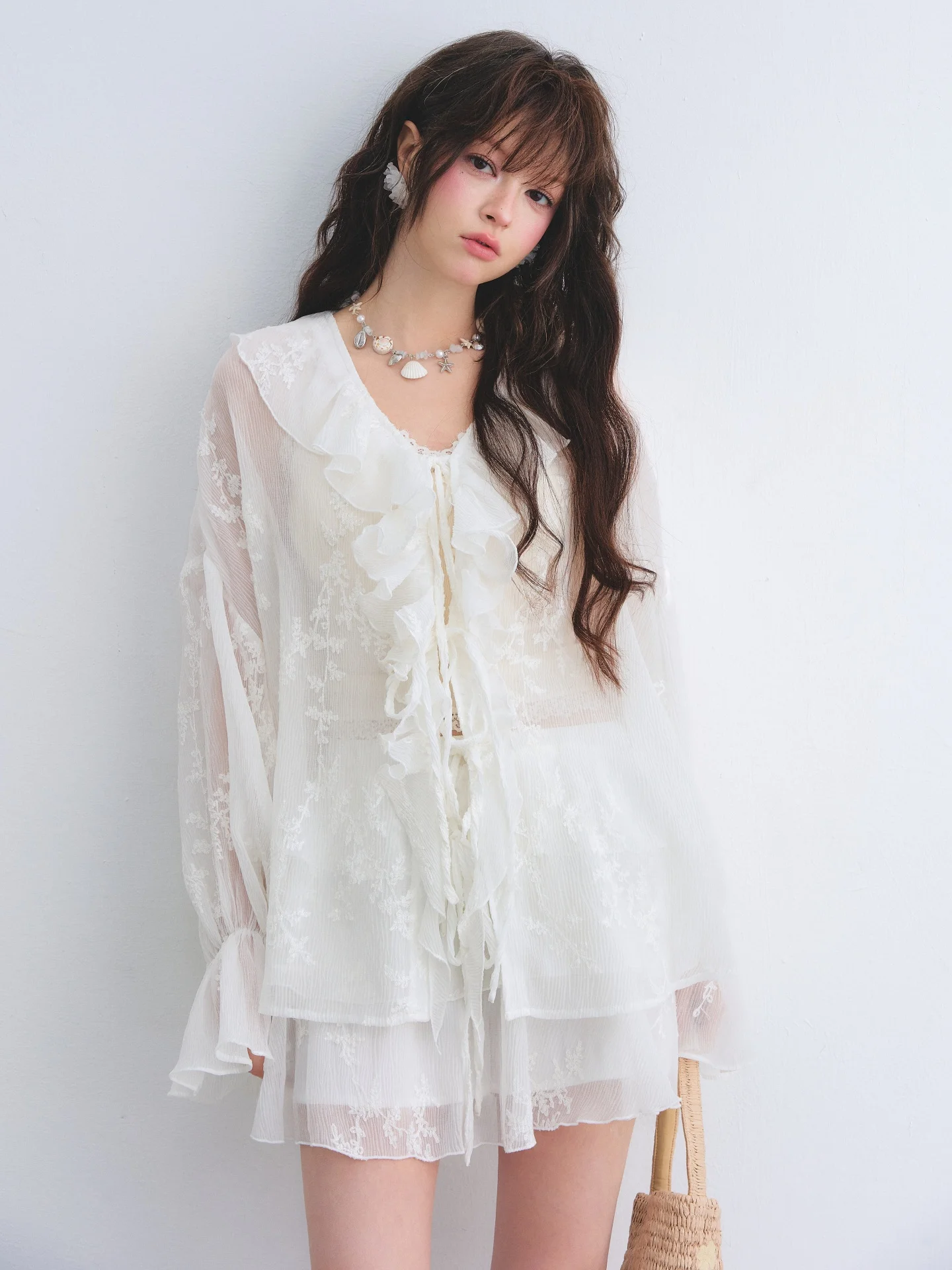 

AsGony White Sun Protection Embroidered Chiffon Ruffle Hem Shirt Elastic Waist Pleated Skirt Set Women's Loose Fit Long Sleev...