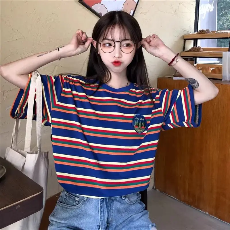

Women's Clothing Casual Comfortable Loose Fit Pullover T-Shirt Korean Style Stripe Short Sleeve Summer Top Fashion Versatile Laz