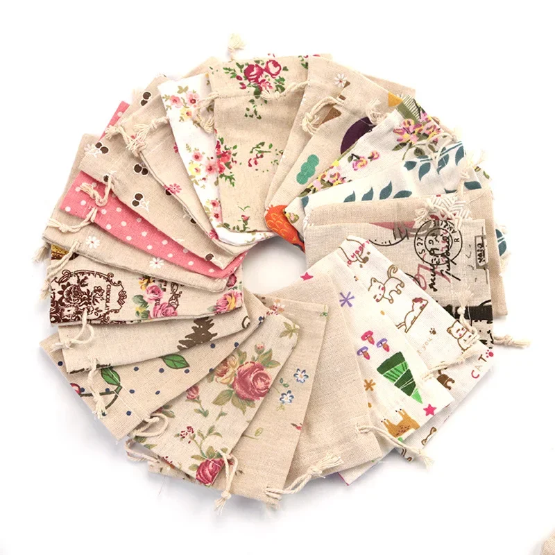 50Pcs/lot  (10x14cm) Linen Printed Cotton Gift Bags Packing Jewelry Drawstring Pouch Cosmetic Wedding Candy Wrappling Reusable