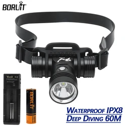 BORUiT B14 LED Diving Headlamp IPX8 Waterproof Underwater Head Lantern Head Flashlight 18650 Battery Headlight Fishing Camping