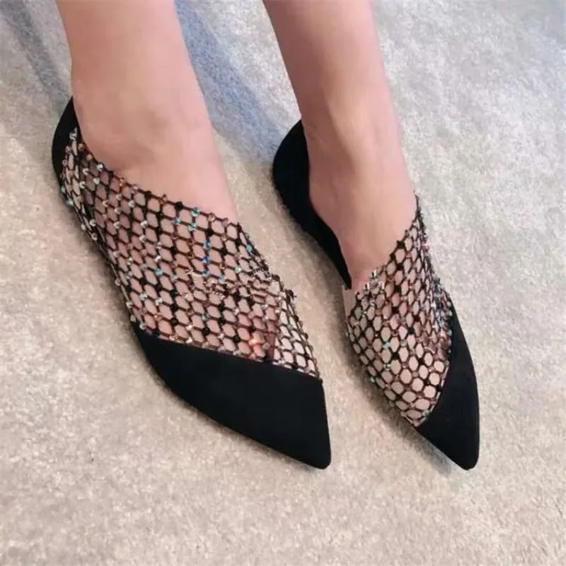 New Sexy Side Hollow Flat Heels Flock Comfortable Breathable Single Shoe Rhinestone Pointed Toe Dress Shoes for Party & Banquet