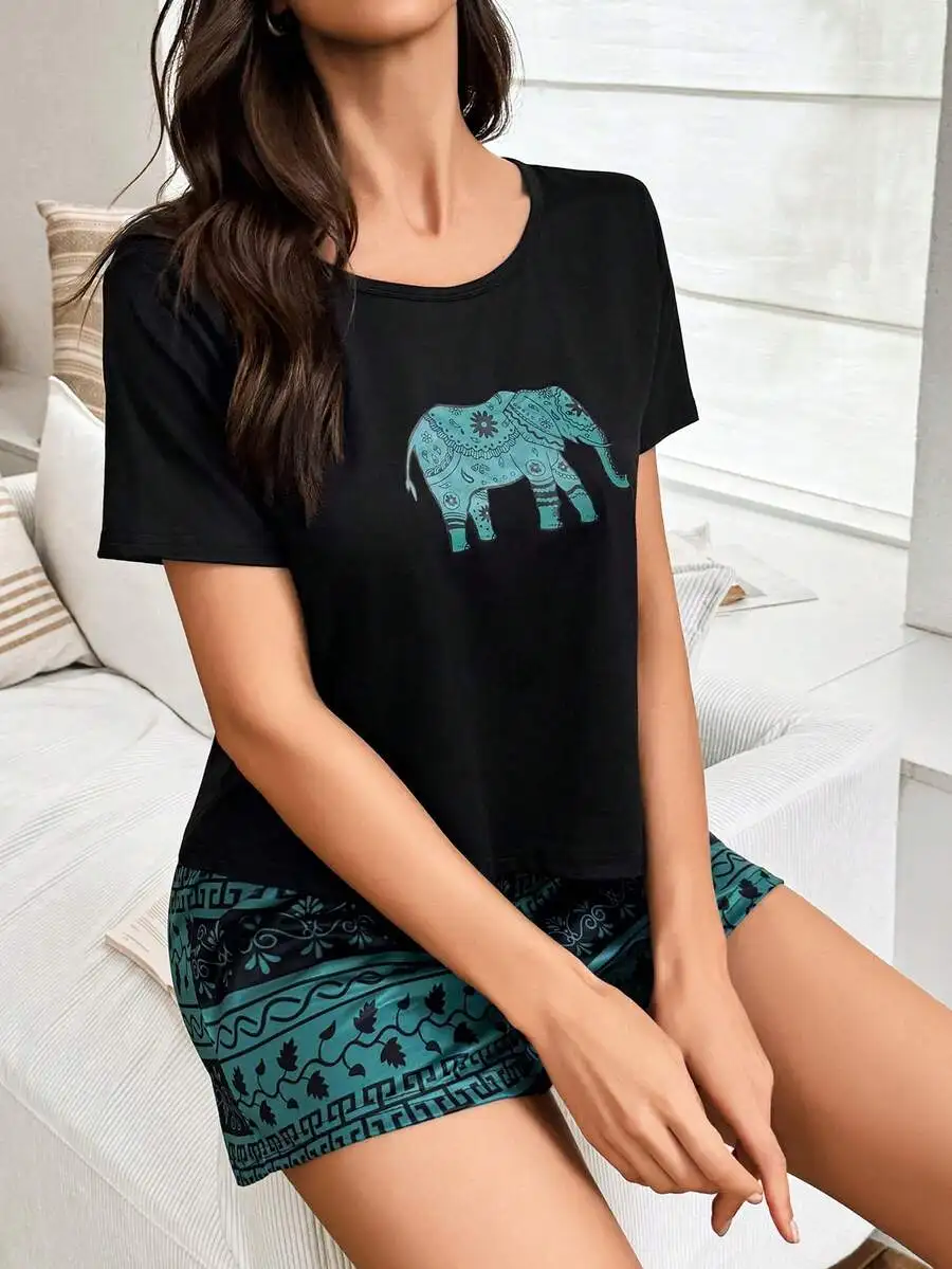 

2-Piece Elephant Print Retro Pajama Set For Women