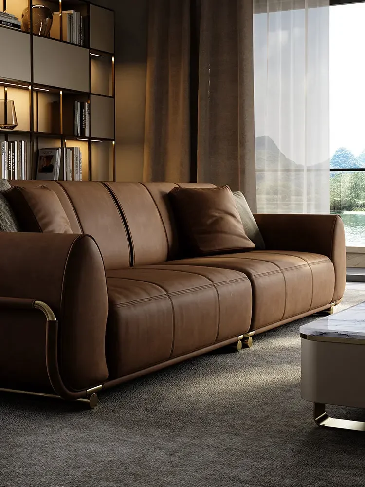Italian leather sofa designer light luxury large apartment straight row sofa