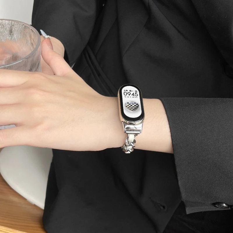 Pulseira feminina simples e fina para xiaomi mi band 8/9/10/nfc luz corrente de luxo pulseira de metal para miband 10 9 8 correa mi band