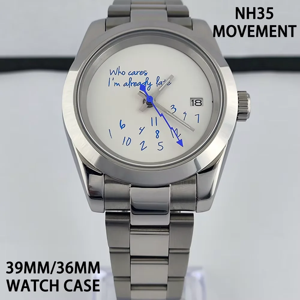 NH35 Watch Who cares im already late Watch Blue digital dial Sapphire Crystal Glass Suitable for the NH35 movement men's watches